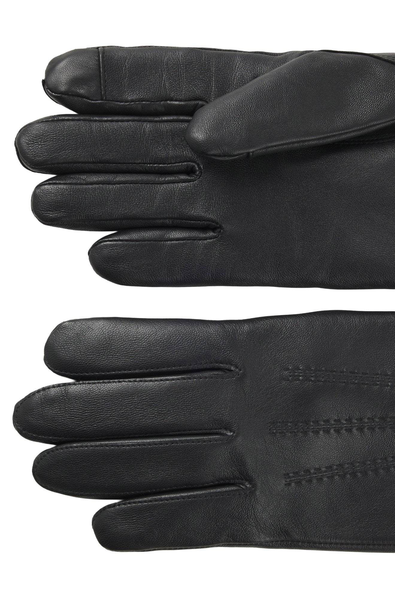 Vue rapprochée de gants en cuir noir montrant les coutures des doigts et les surpiqûres pour homme par HUGO BOSS