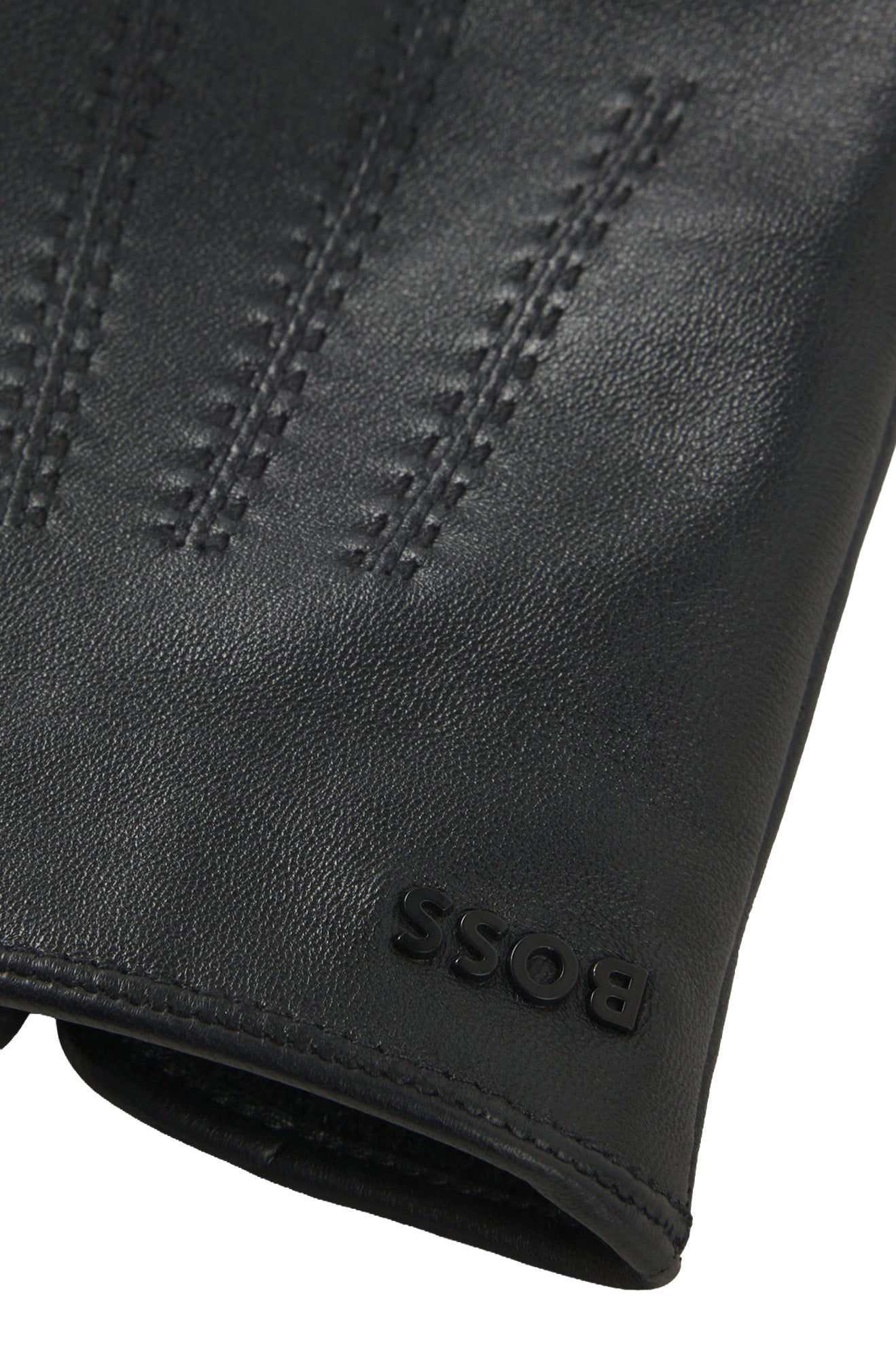 Gants noir avec gant en cuir, logo BOSS et surpiqûres décoratives au poignet pour homme par HUGO BOSS, en gros plan