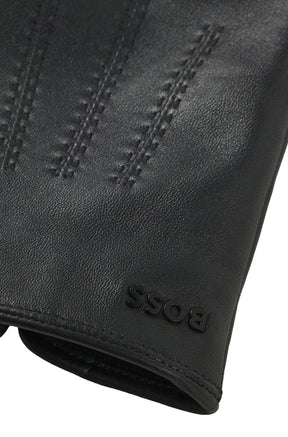 Gants noir avec gant en cuir, logo BOSS et surpiqûres décoratives au poignet pour homme par HUGO BOSS, en gros plan