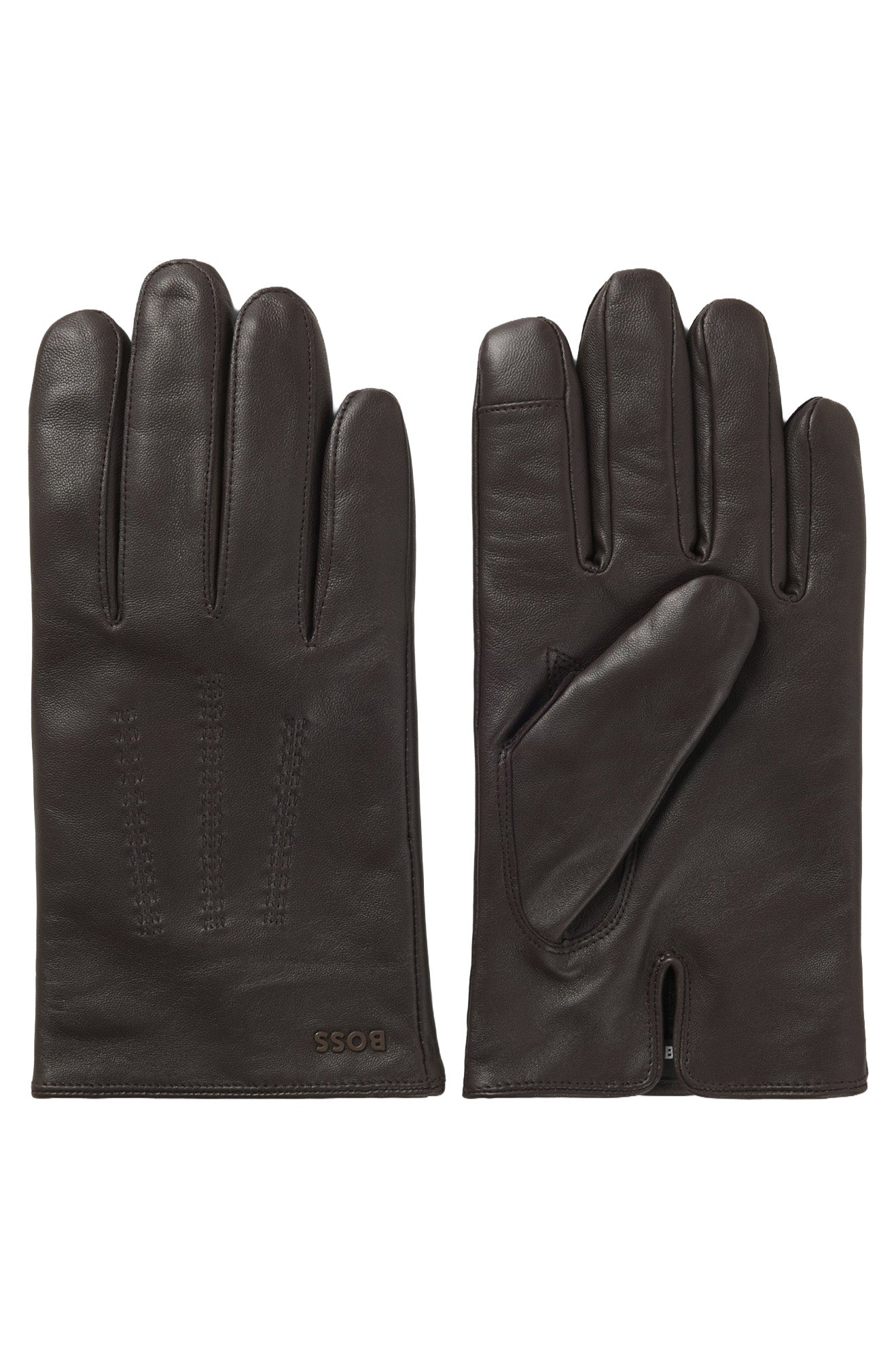 Paire de gants en cuir brun foncé avec surpiqûres au dos et fente au poignet, vue produit pour homme par HUGO BOSS