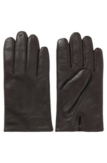 Paire de gants en cuir brun foncé avec surpiqûres au dos et fente au poignet, vue produit pour homme par HUGO BOSS