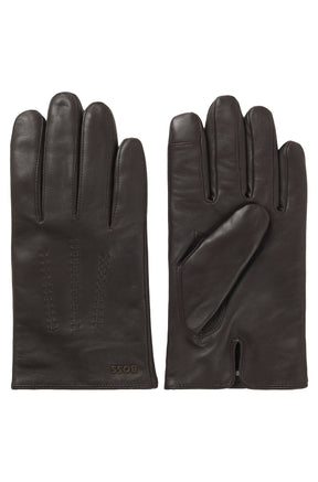 Paire de gants en cuir brun foncé avec surpiqûres au dos et fente au poignet, vue produit pour homme par HUGO BOSS