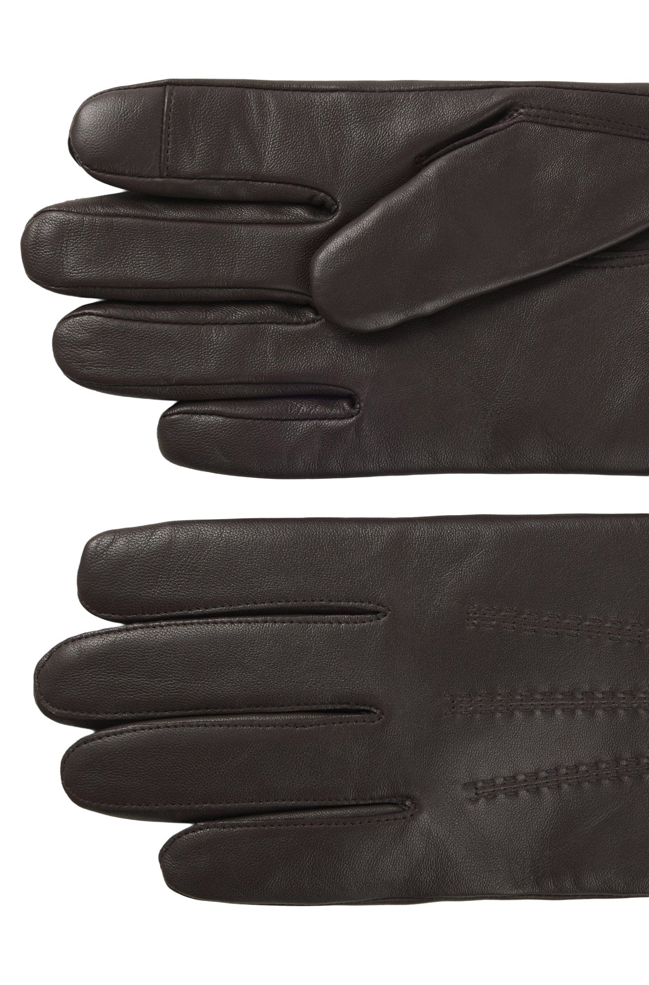 Vue rapprochée de gants en cuir brun foncé avec doigts lisses et coutures ton sur ton pour homme par HUGO BOSS