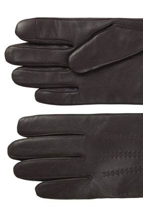 Vue rapprochée de gants en cuir brun foncé avec doigts lisses et coutures ton sur ton pour homme par HUGO BOSS