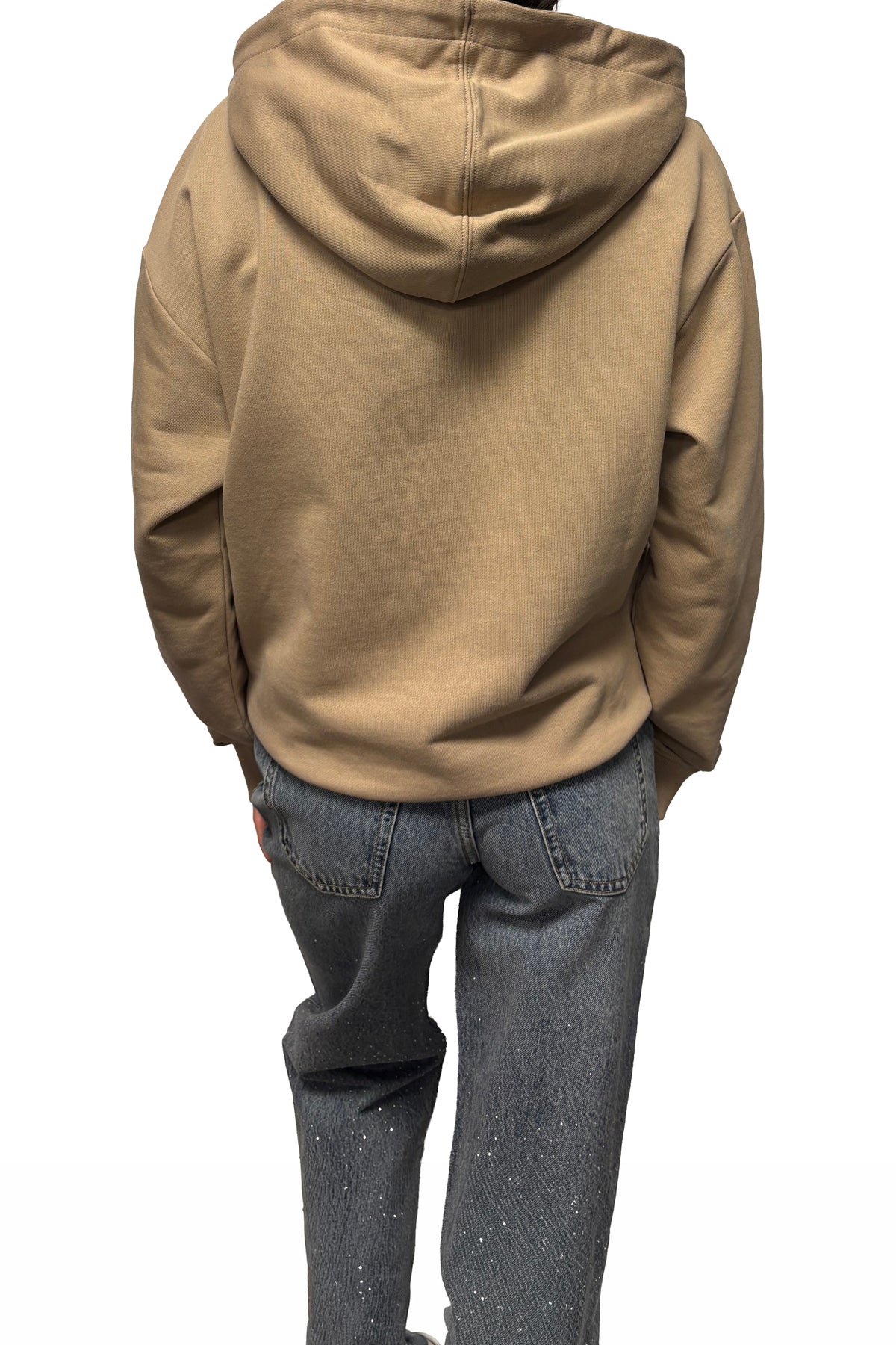 Vue arrière du veste à zip zippé beige avec grand capuchon, épaules tombantes et dos uni pour femme par HUGO BOSS