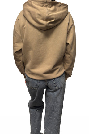 Vue arrière du veste à zip zippé beige avec grand capuchon, épaules tombantes et dos uni pour femme par HUGO BOSS