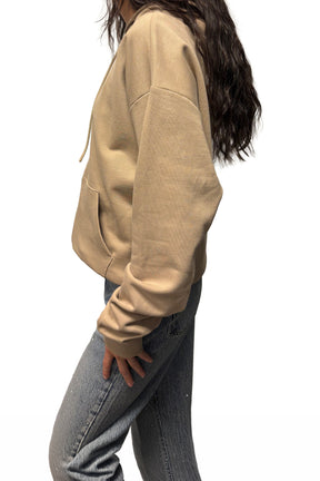 Veste à zip zippé beige avec épaule tombante, manche longue et poignet côtelé pour femme par HUGO BOSS, vue de côté