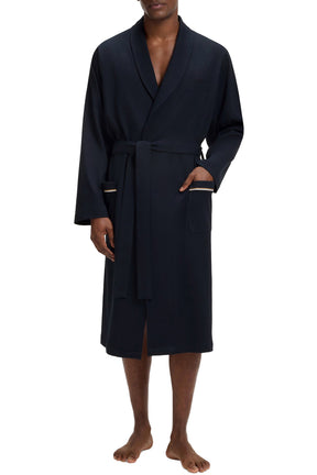 Robe de chambre marine de face avec col châle, ceinture nouée et poches à liseré rayé pour homme par HUGO BOSS