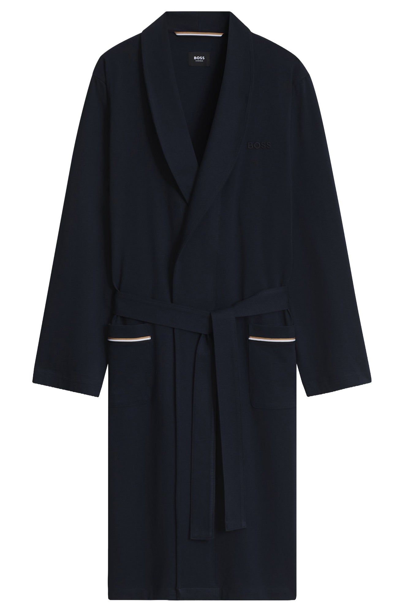 Robe de chambre marine avec col châle, ceinture, poches et liseré rayé pour homme par HUGO BOSS, vue produit
