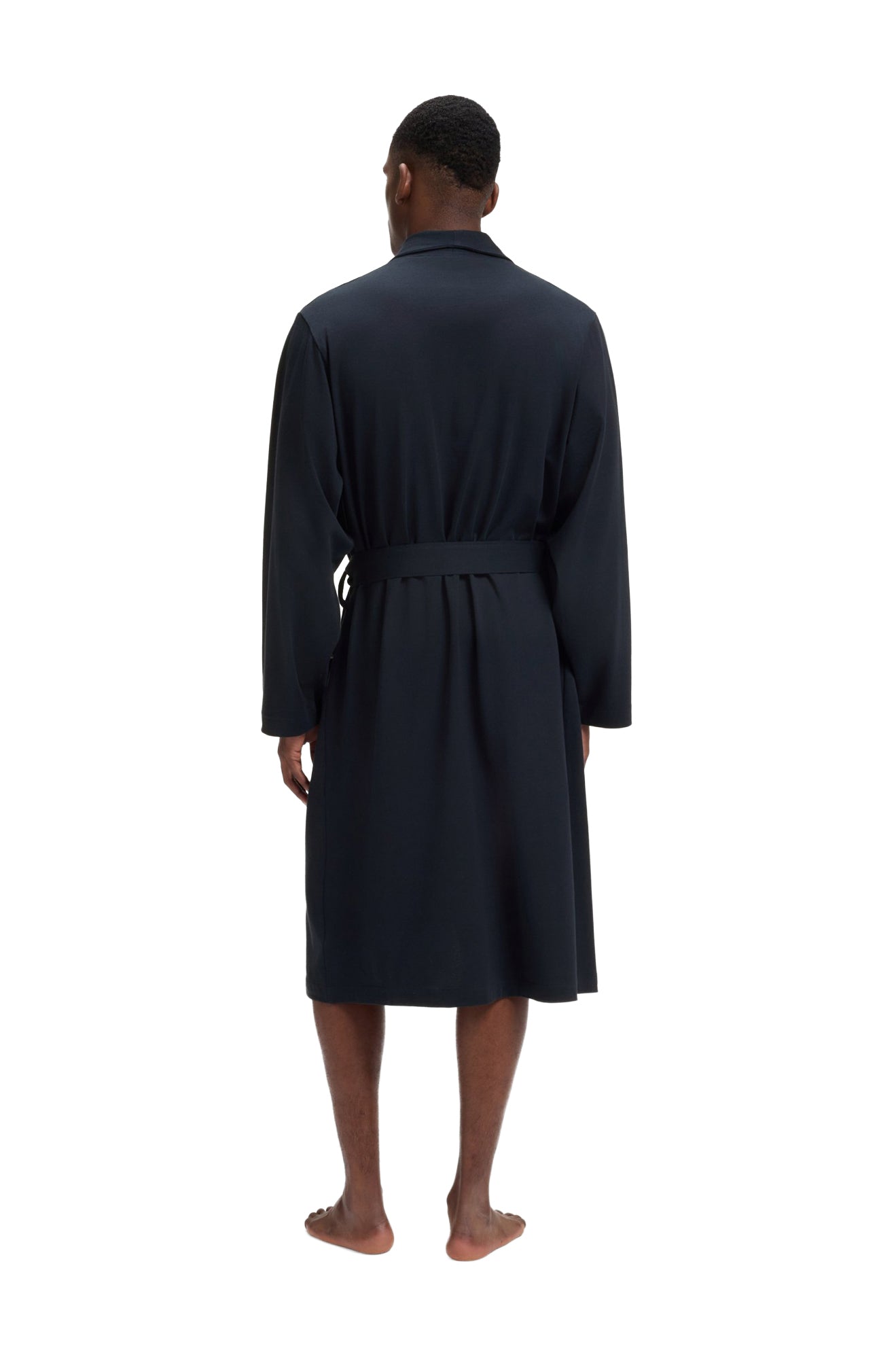Vue arrière de la robe de chambre marine portée, avec ceinture, manches longues et ourlet droit pour homme par HUGO BOSS