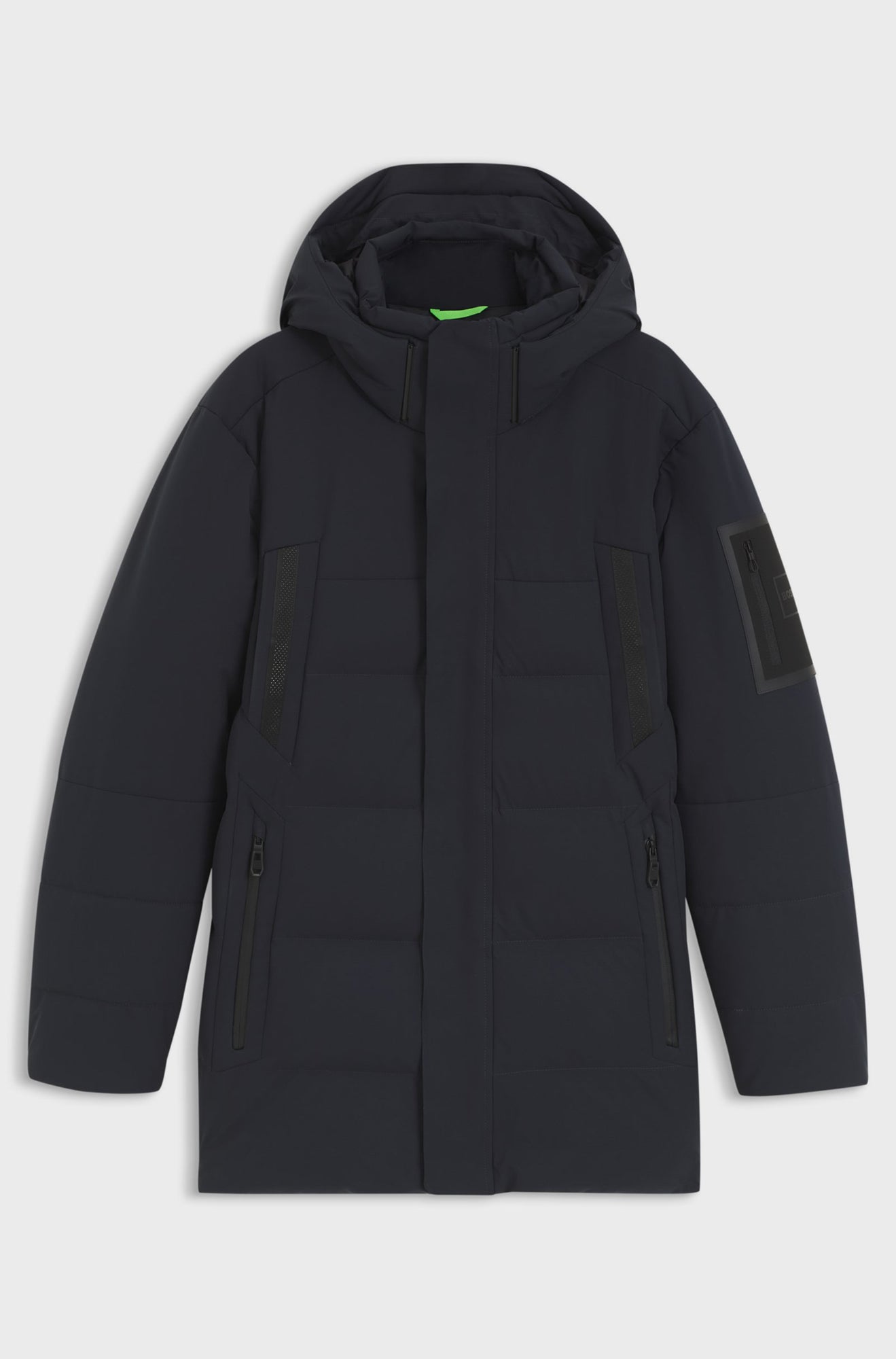 Front product view of men's dark navy hooded winter jacket with vertical zip pockets by HUGO BOSS