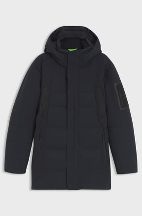 Front product view of men's dark navy hooded winter jacket with vertical zip pockets by HUGO BOSS