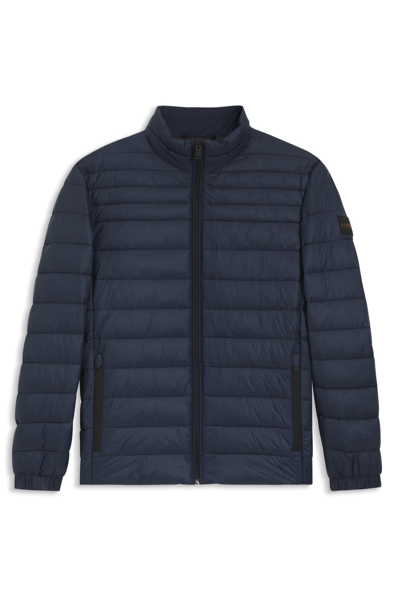 Manteau d'hiver matelassé marine vue de face avec col montant, fermeture noire et poches zippées pour homme par HUGO BOSS