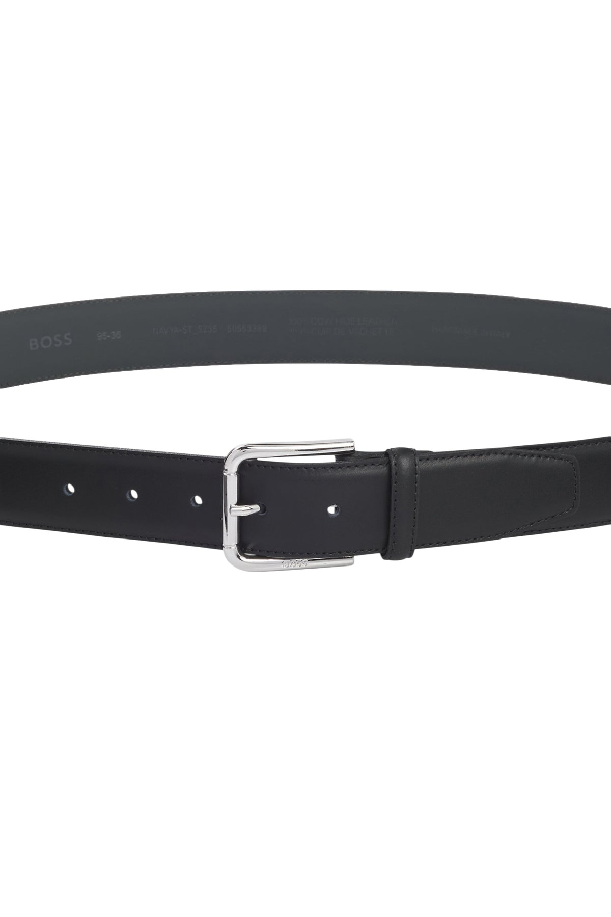 Ceinture noire ouverte avec boucle argentée, trous d’ajustement et passant, vue produit pour homme par HUGO BOSS