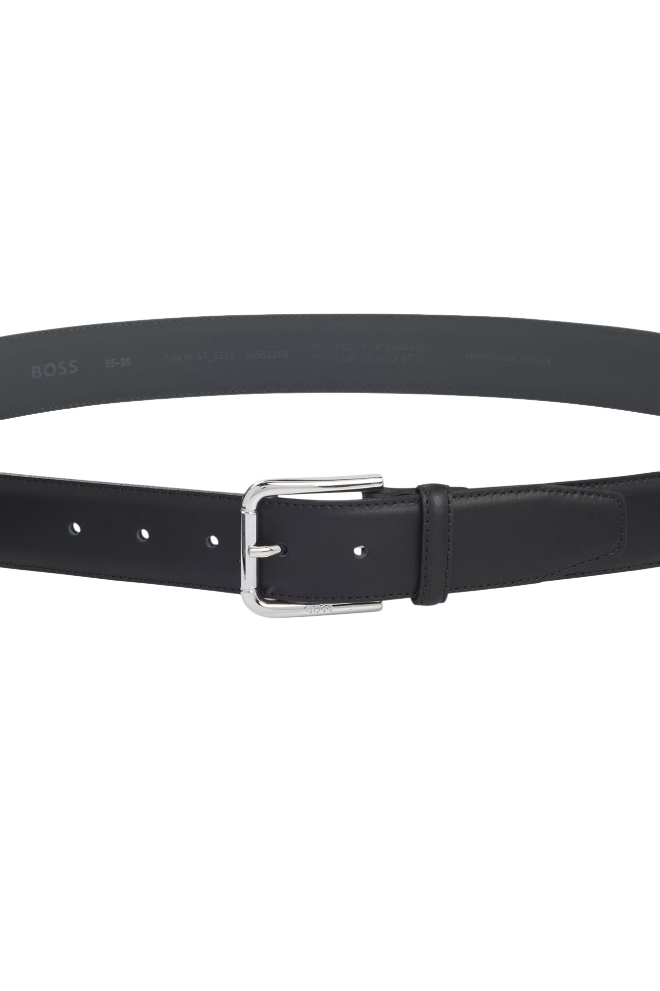 Ceinture noire ouverte avec boucle argentée, trous d’ajustement et passant, vue produit pour homme par HUGO BOSS