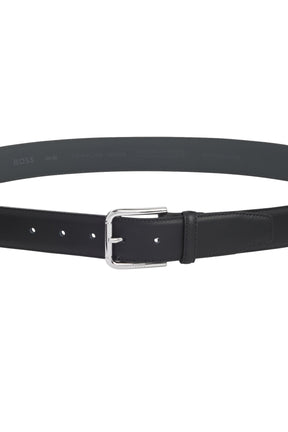 Ceinture noire ouverte avec boucle argentée, trous d’ajustement et passant, vue produit pour homme par HUGO BOSS