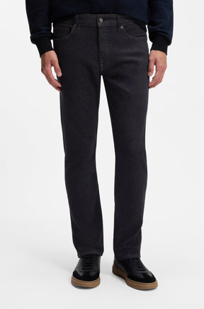 HUGO BOSS men's dark washed black straight-leg jeans with five-pocket waistband and slim shown from the front