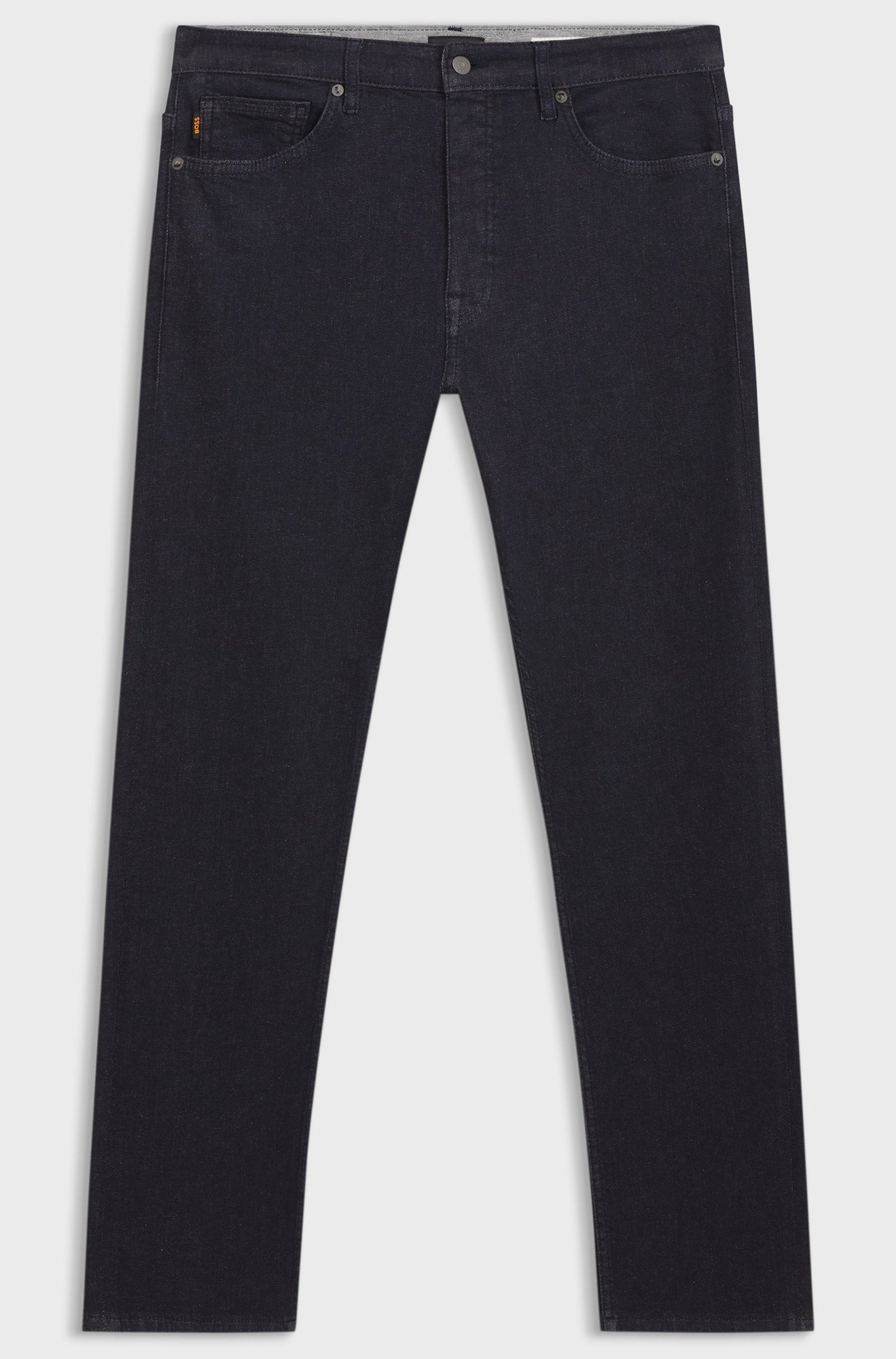 HUGO BOSS men's dark washed black straight-leg jeans, front product view with five-pocket styling hems