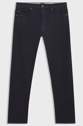 HUGO BOSS men's dark washed black straight-leg jeans, front product view with five-pocket styling hems