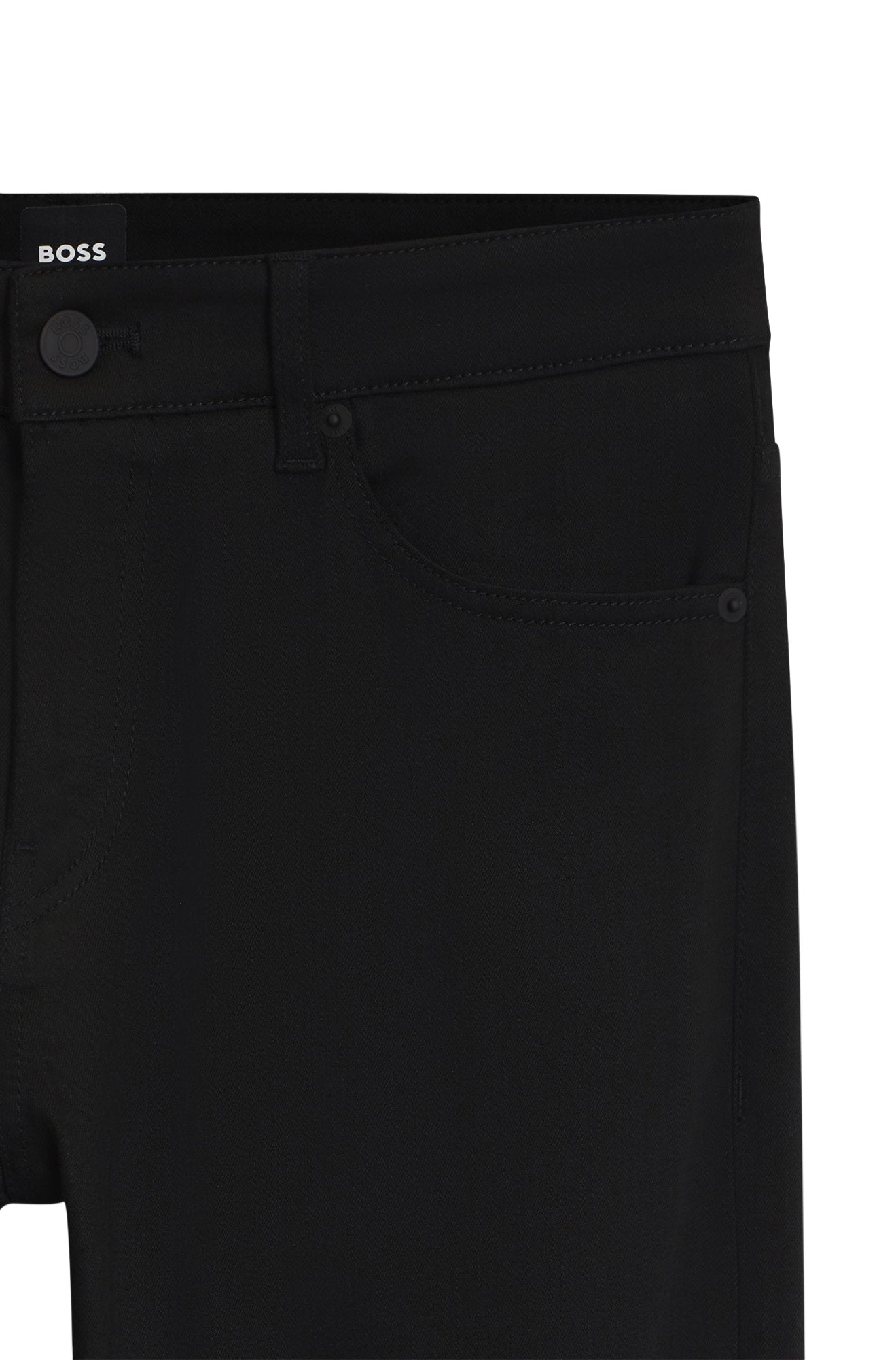 Taille avant du jean droit noir avec étiquette BOSS, bouton, poche et rivets pour homme par HUGO BOSS, en gros plan