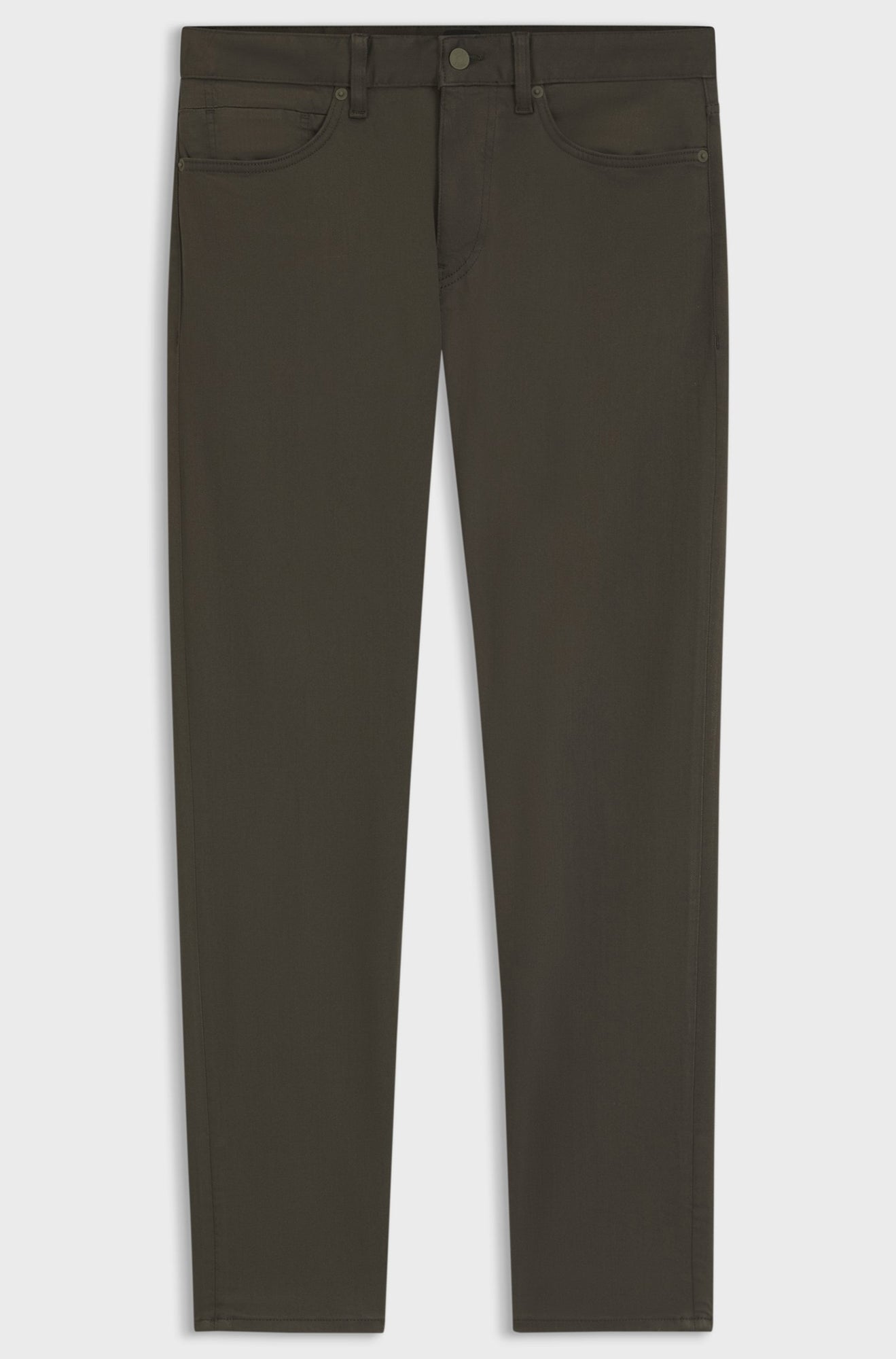 Jean droit cinq poches vert olive, jambes droites et braguette pour homme par HUGO BOSS, vue isolée de face