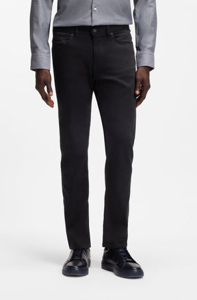 HUGO BOSS men's black slim straight jeans with five-pocket styling and full-length legs, front model view