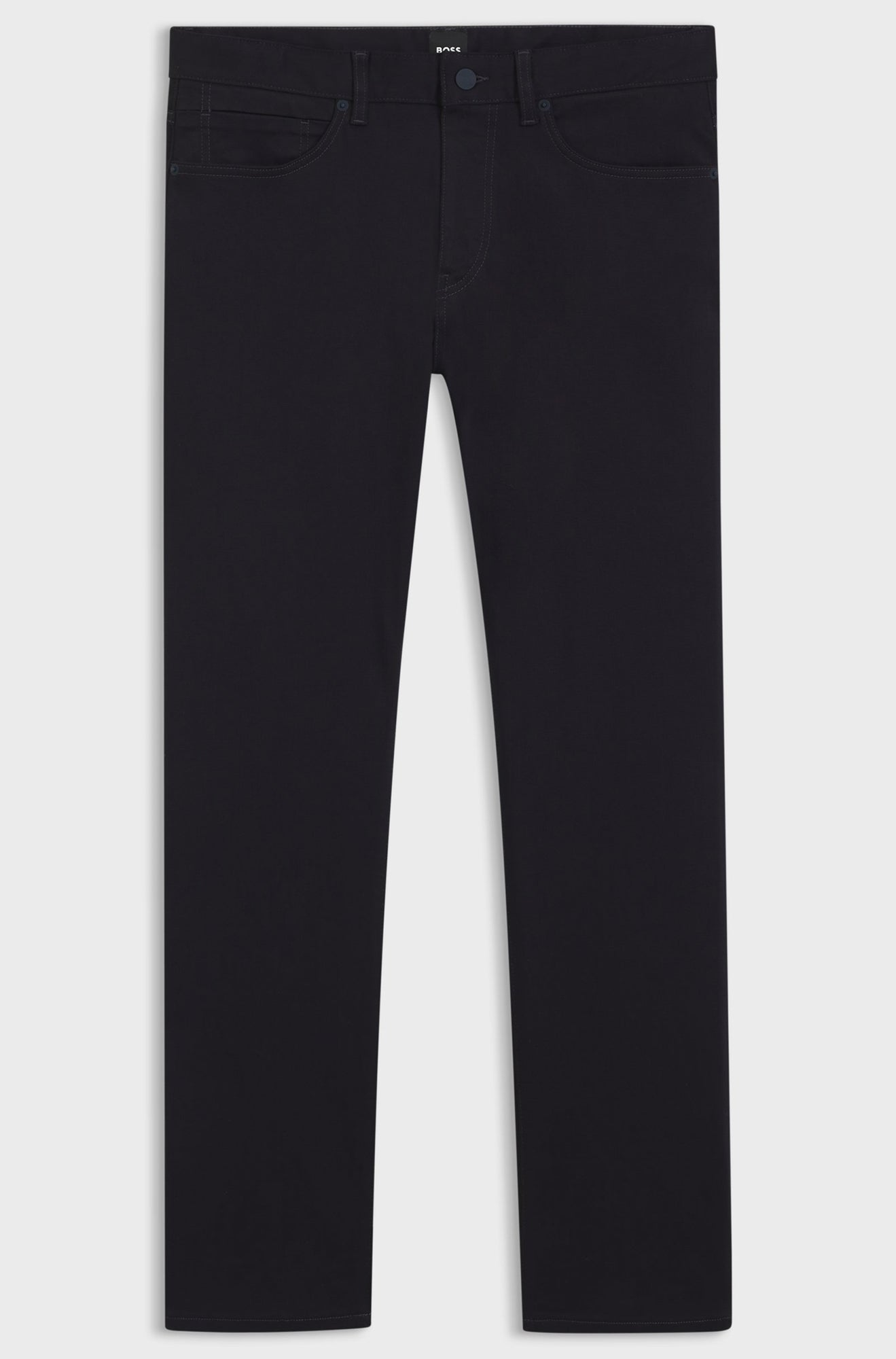 Men's flat front product view of black slim straight jeans with belt loops and five-pocket details by HUGO BOSS