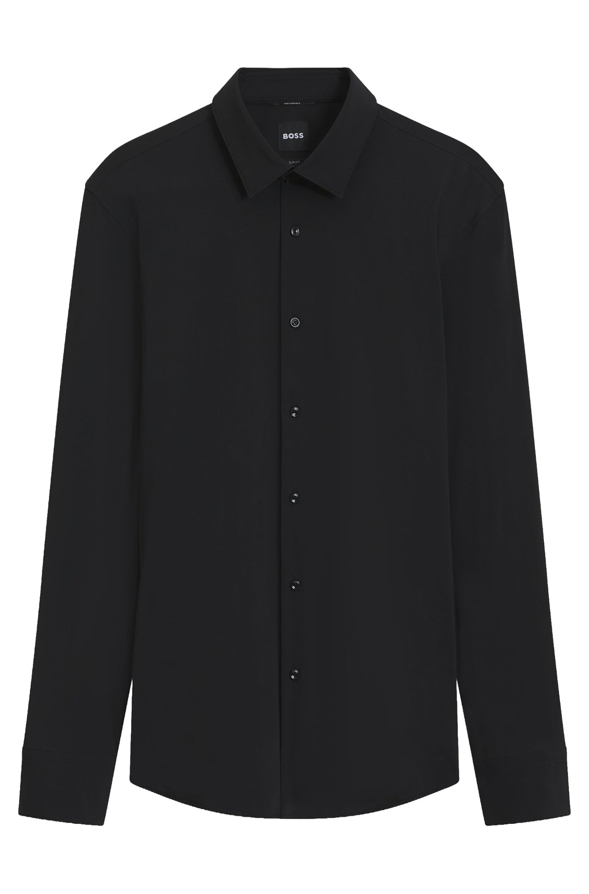 HUGO BOSS men's black long sleeve dress shirt, front product view with point collar and button placket