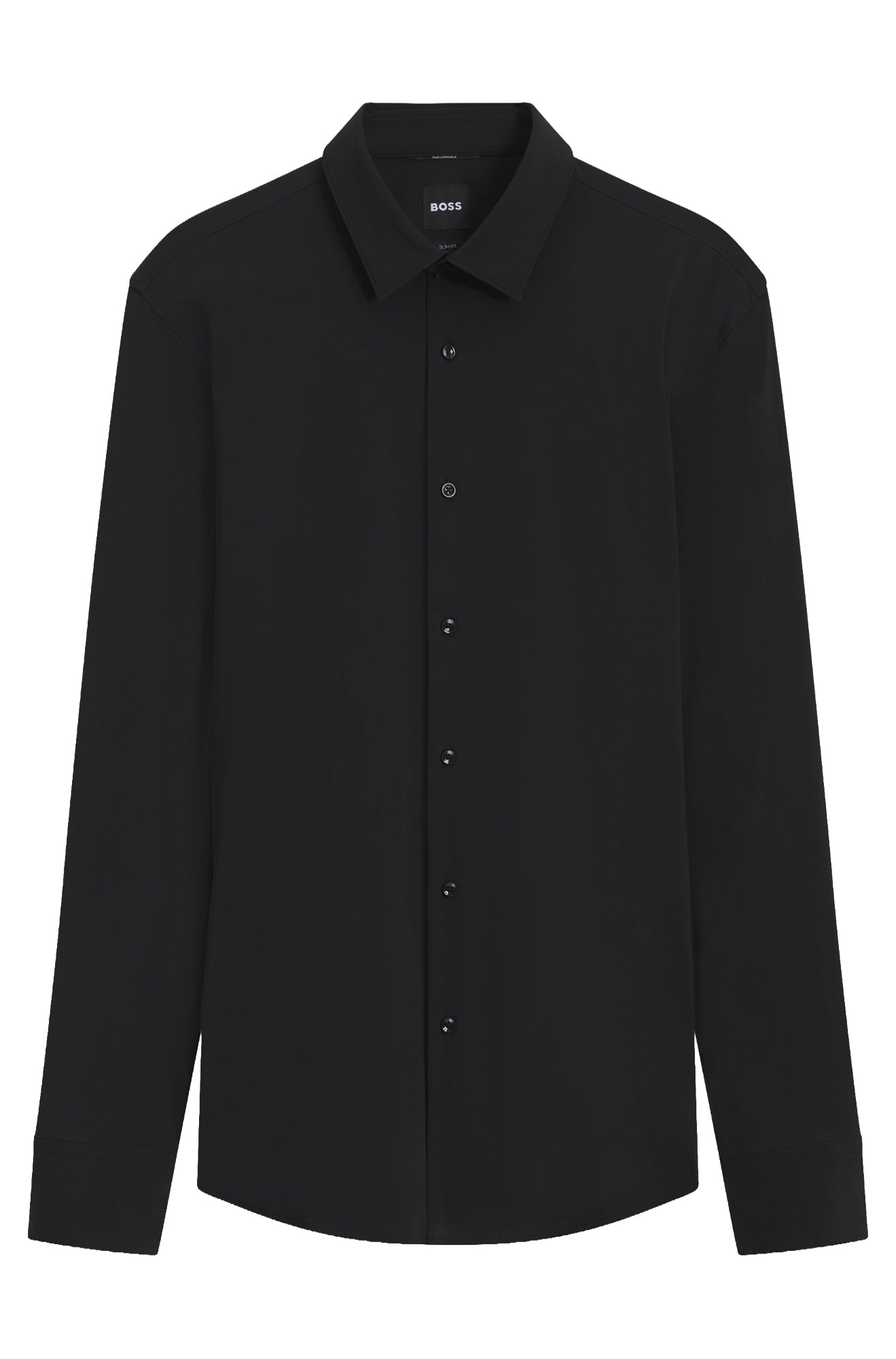 Chemise habillée noire à manches longues, vue de face avec col pointu et patte boutonnée pour homme par HUGO BOSS