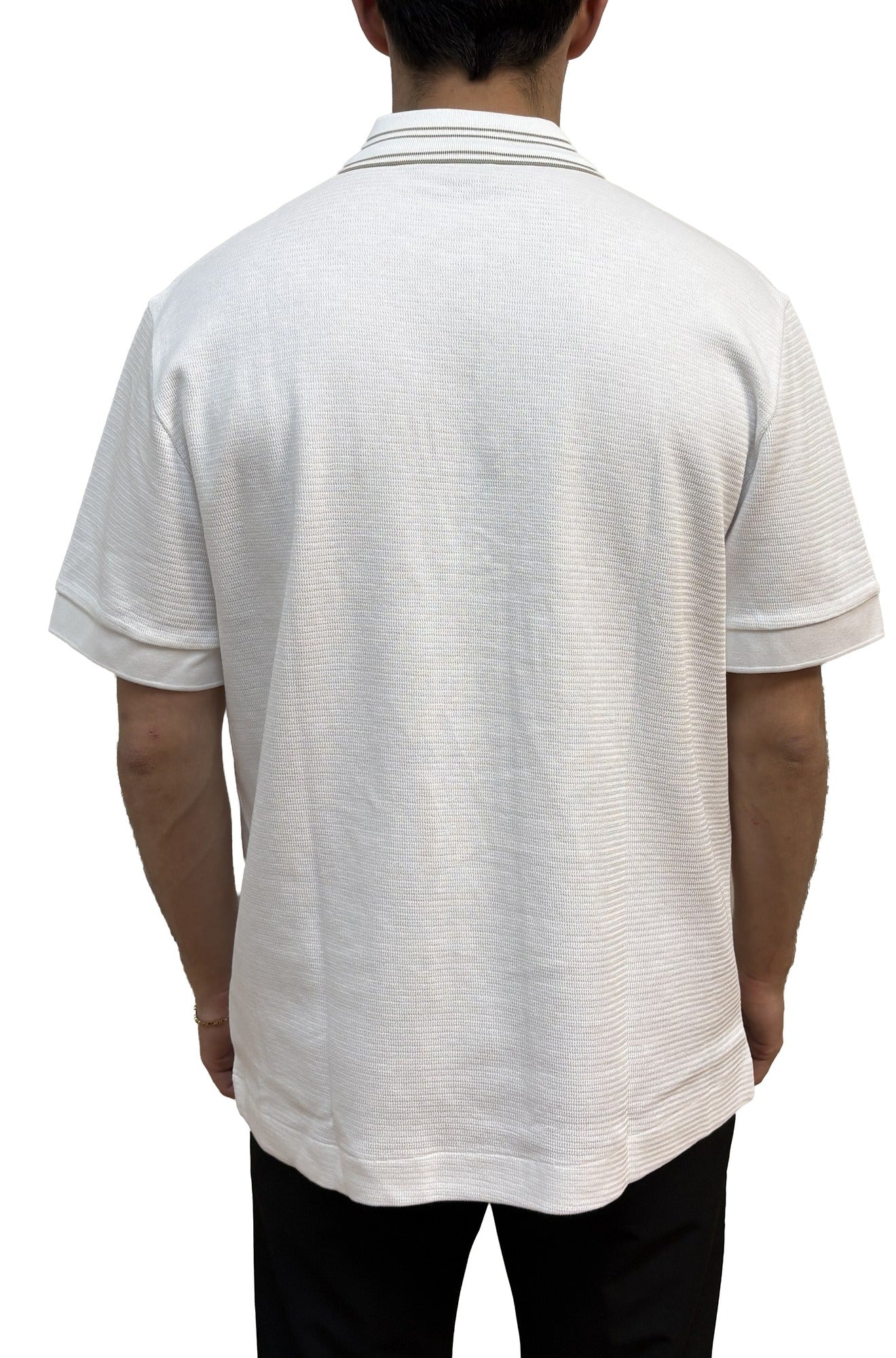 Polo blanc texturé à manches courtes, col rayé et ourlet droit pour homme par HUGO BOSS, vue de dos