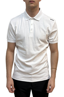 Polo blanc à manches courtes avec col côtelé et logo noir à l’épaule pour homme par HUGO BOSS, vue de face