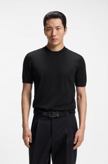 T-Shirt noir à manches courtes, col rond côtelé, poignets et ourlet côtelés pour homme par HUGO BOSS, vue de face
