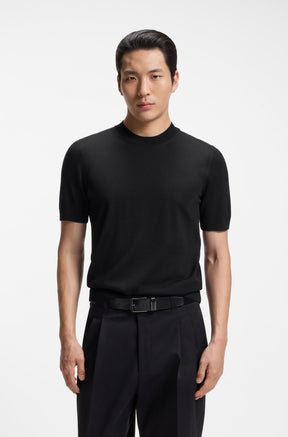 T-Shirt noir à manches courtes, col rond côtelé, poignets et ourlet côtelés pour homme par HUGO BOSS, vue de face