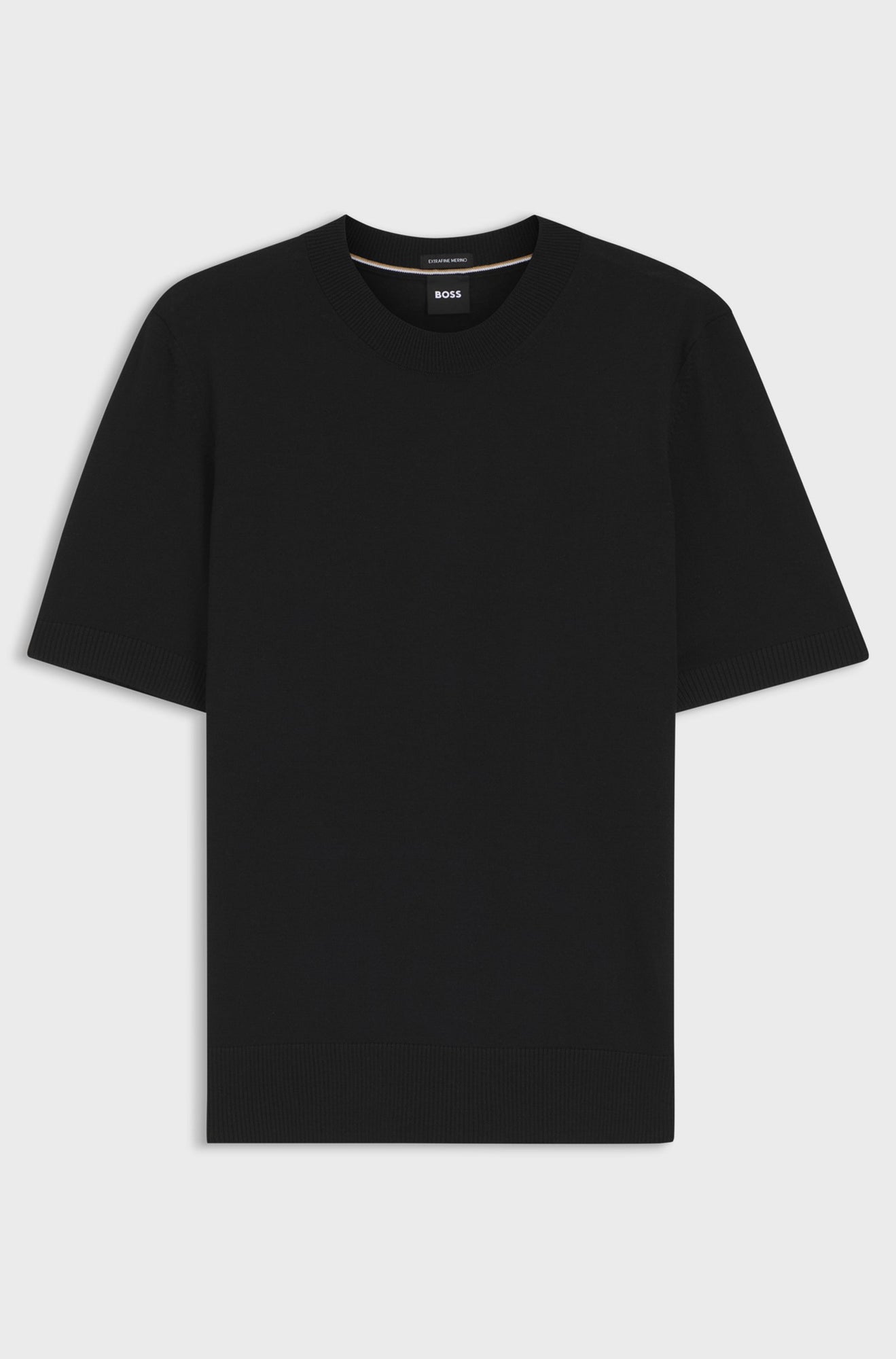 T-Shirt noir en tricot à plat avec manches courtes, col rond côtelé, poignets et ourlet côtelés pour homme par HUGO BOSS