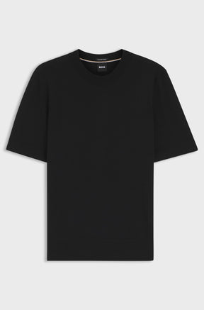 T-Shirt noir en tricot à plat avec manches courtes, col rond côtelé, poignets et ourlet côtelés pour homme par HUGO BOSS