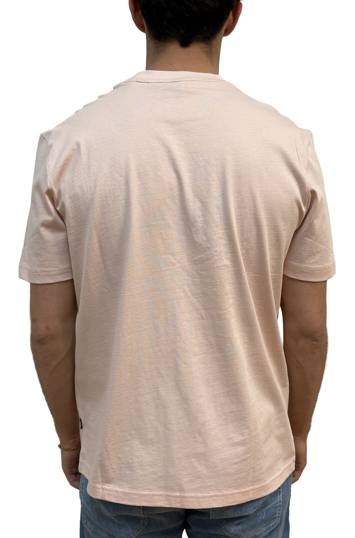T-shirt rose pale a manches courtes avec col rond et ourlet droit pique pour homme par HUGO BOSS, vue de dos