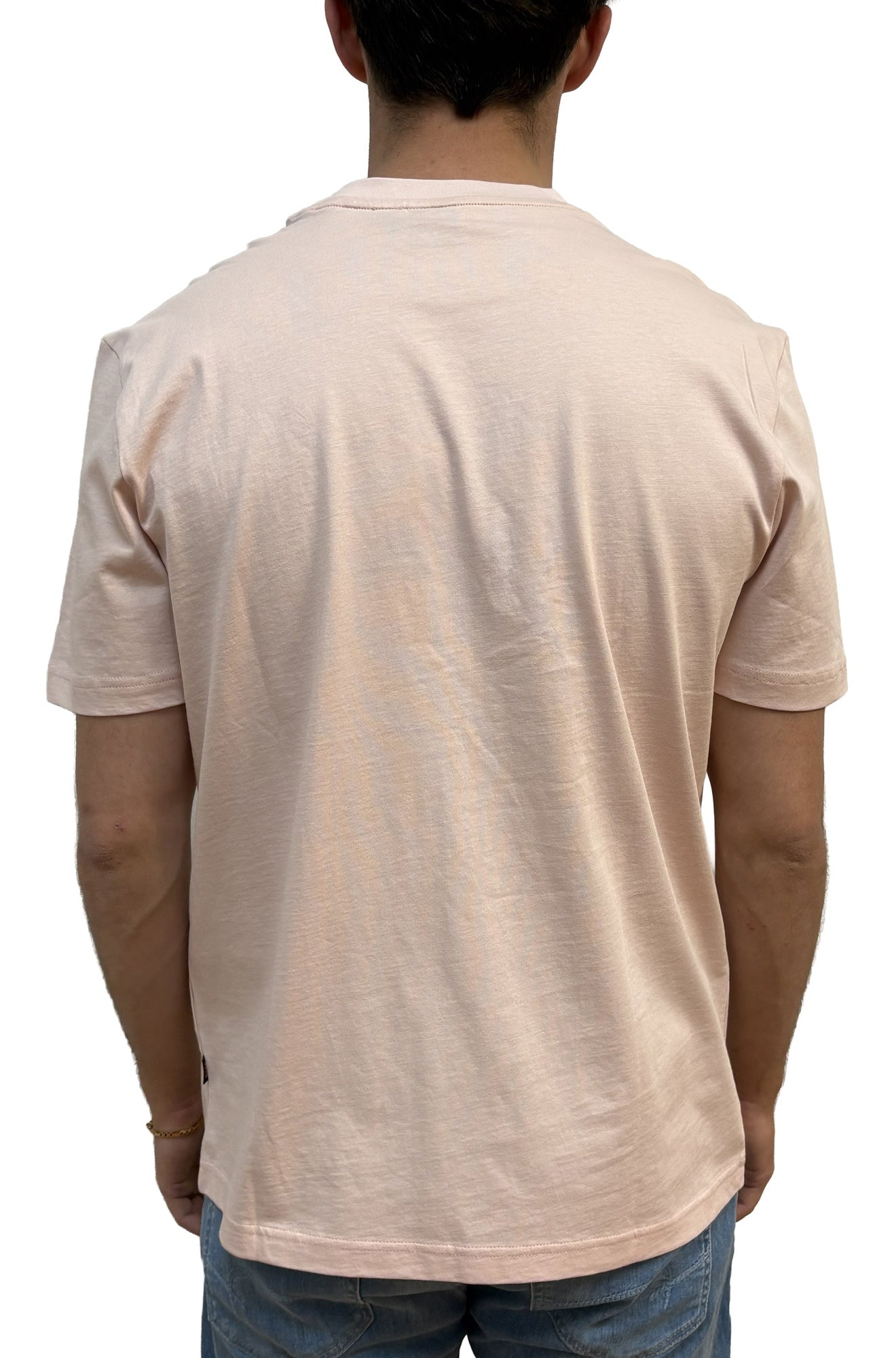 T-shirt rose pale a manches courtes avec col rond et ourlet droit pique pour homme par HUGO BOSS, vue de dos