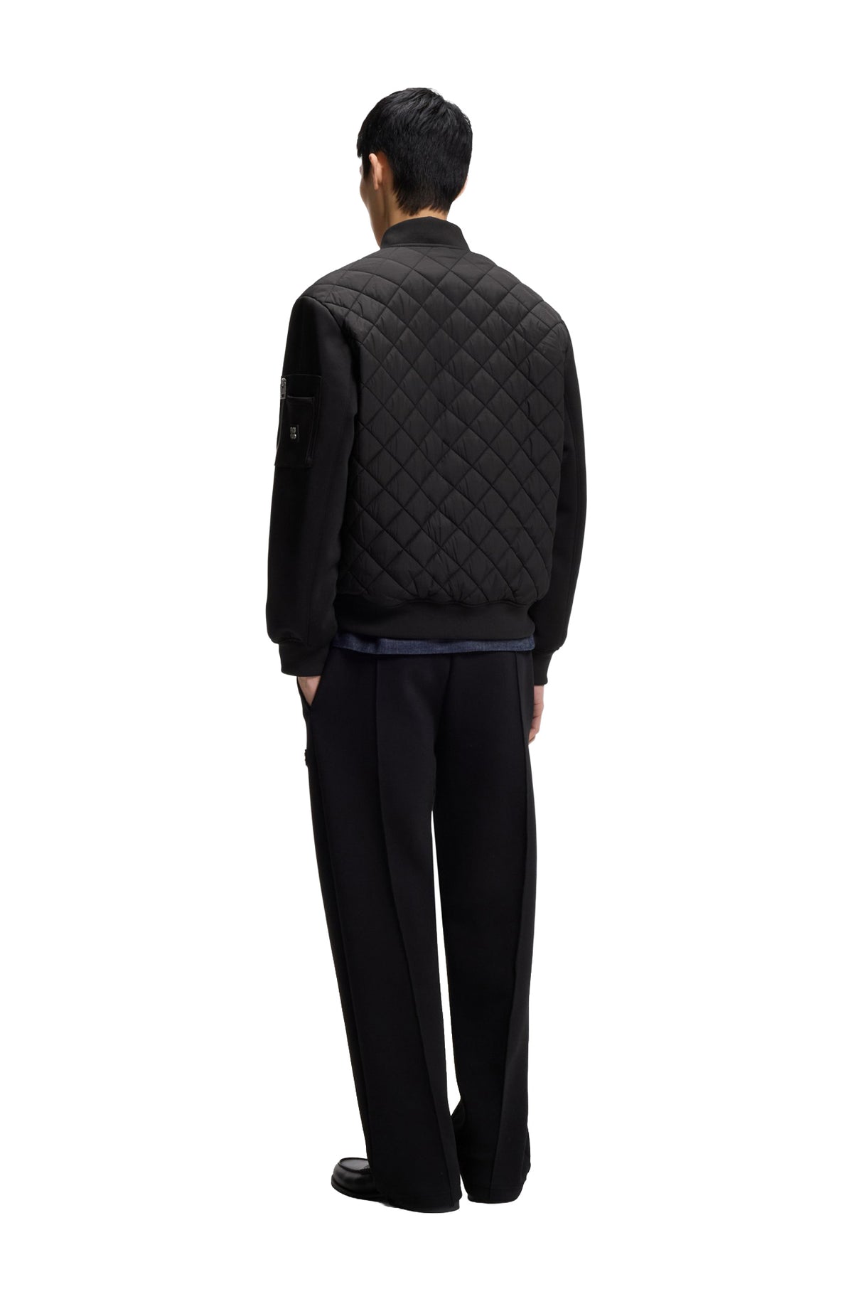 HUGO BOSS men's black quilted bomber jacket with diamond stitching and ribbed waistband, back view