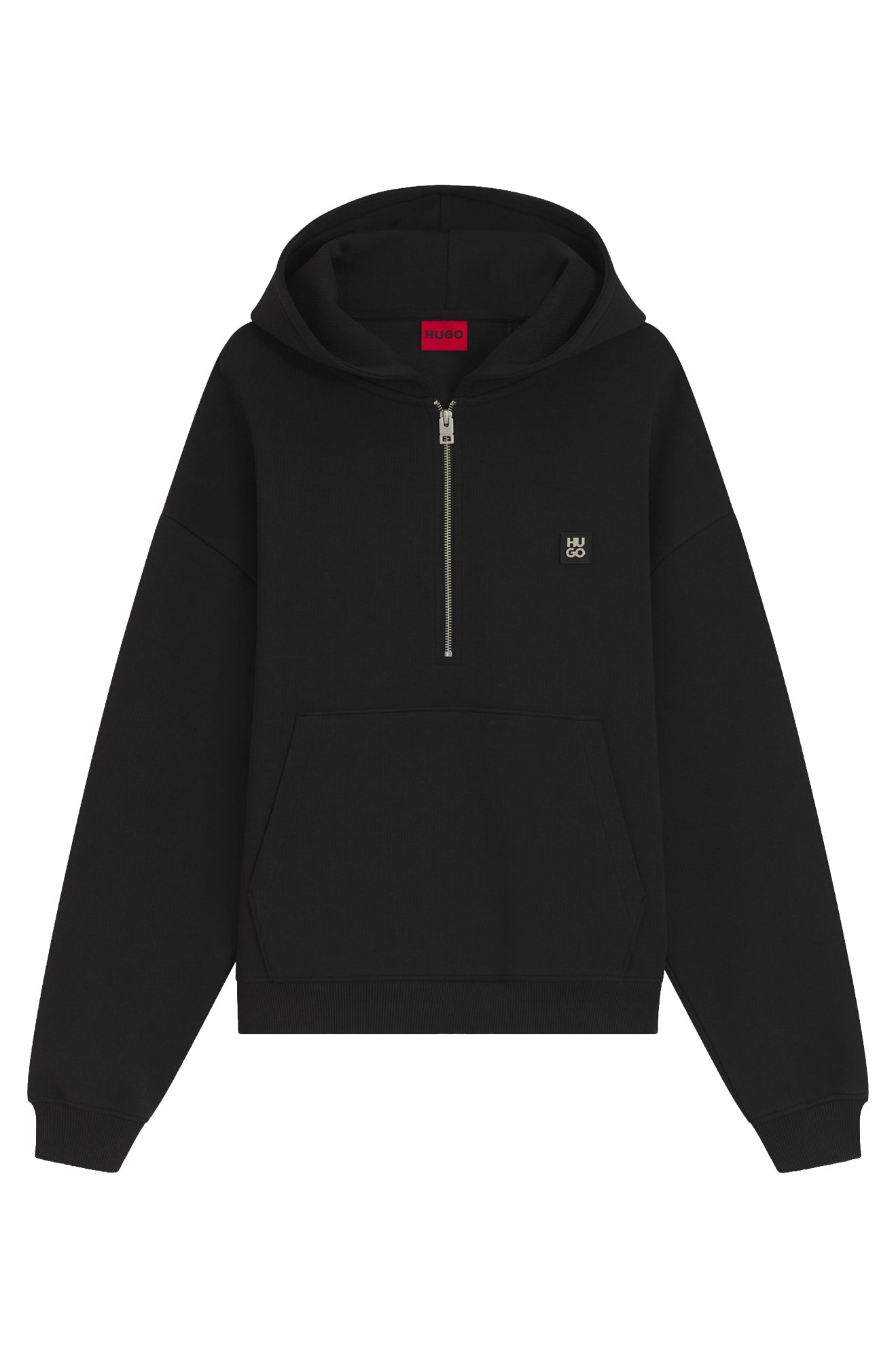 HUGO BOSS men's isolated black half-zip sweatshirt with hood, kangaroo pocket, ribbed hem and small chest logo