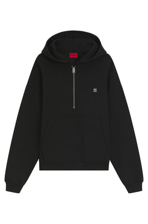 HUGO BOSS men's isolated black half-zip sweatshirt with hood, kangaroo pocket, ribbed hem and small chest logo