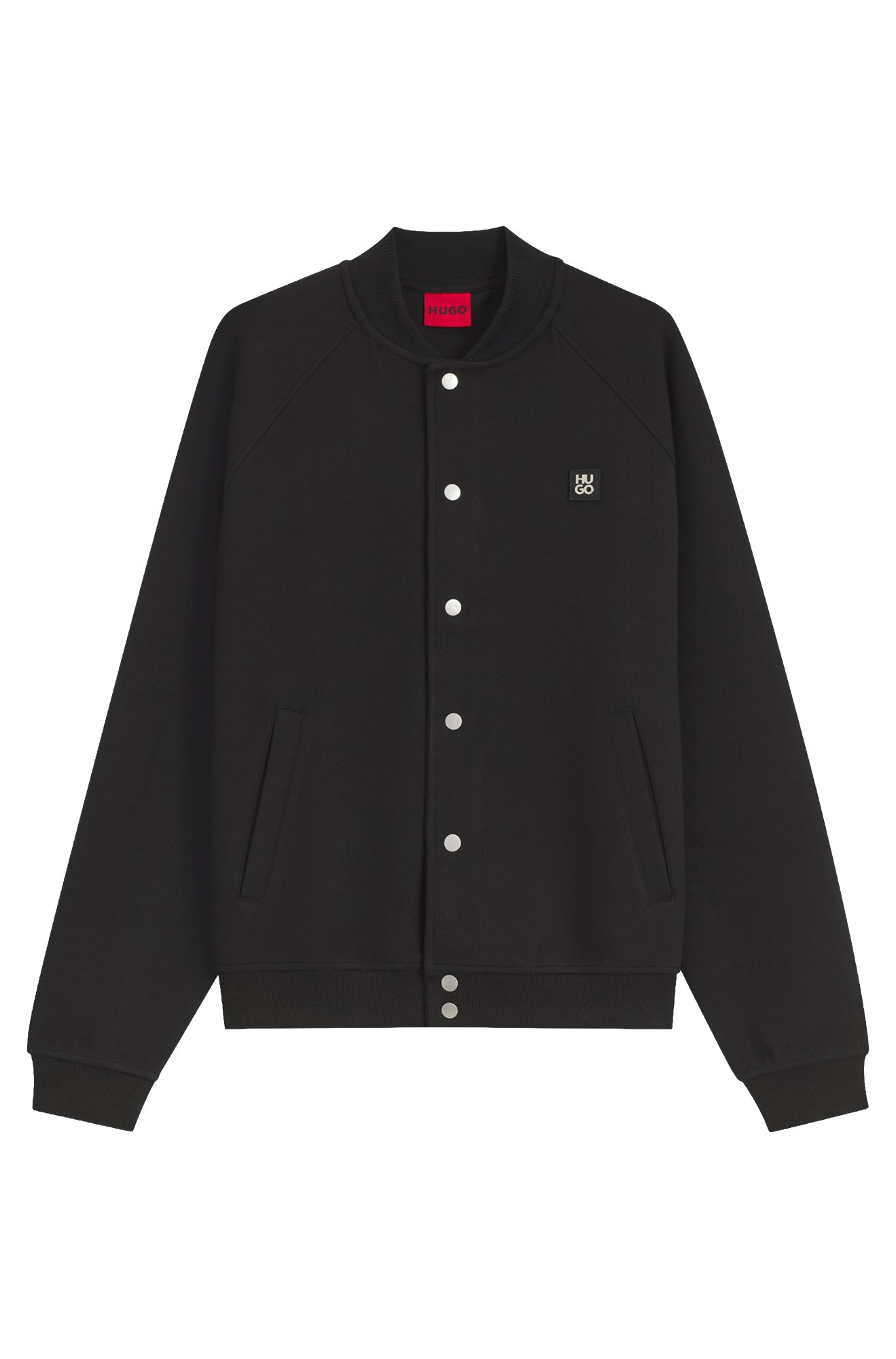 Veste aviateur noir à boutons-pression, vue de face isolée avec poches passepoilées et écusson pour homme par HUGO BOSS