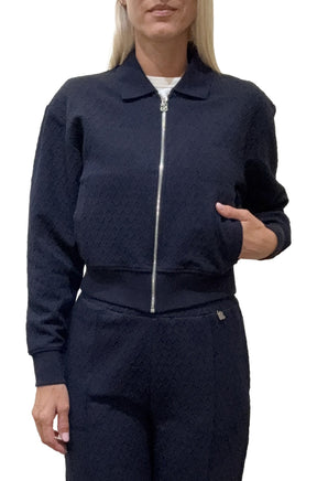 HUGO BOSS women's navy textured zip-up knit long-sleeve knit sweater with fold-down collar and silver zipper, front view