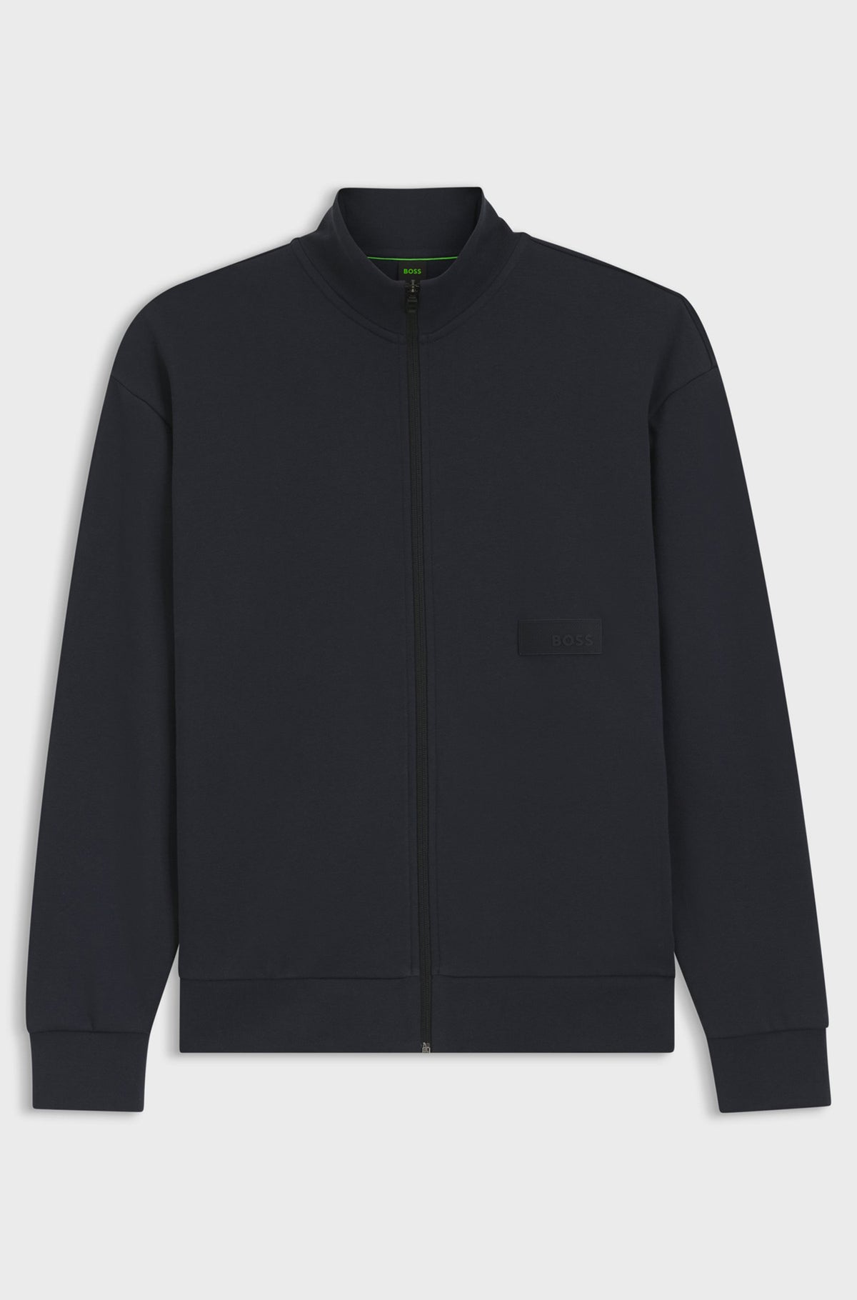 Veste à fermeture éclair pleine longueur noir zippé à col montant, poignets côtelés pour homme par HUGO BOSS, vue de face
