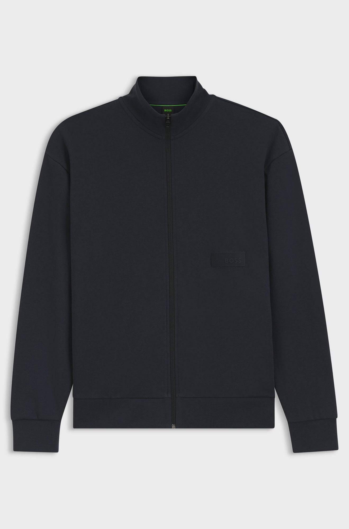 Veste à fermeture éclair pleine longueur noir zippé à col montant, poignets côtelés pour homme par HUGO BOSS, vue de face