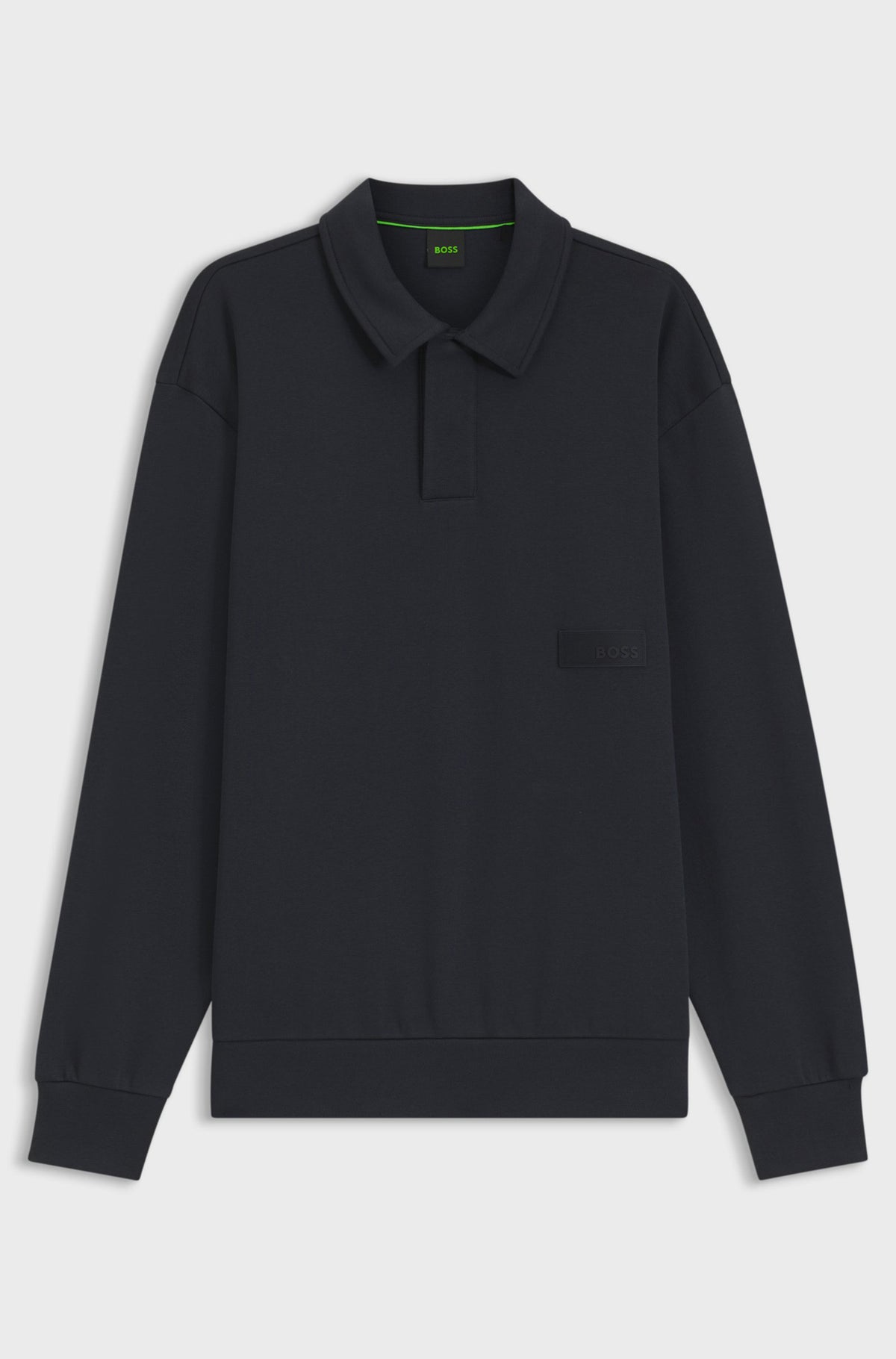 Chandail manches longues molletonné bleu marine avec patte cachée et détail vert au cou pour homme par HUGO BOSS, vue à plat