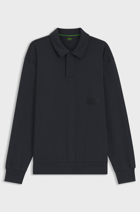 Chandail manches longues molletonné bleu marine avec patte cachée et détail vert au cou pour homme par HUGO BOSS, vue à plat