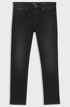HUGO BOSS men's flat front view of black washed straight-leg jeans with button fly, belt loops, and coin pocket
