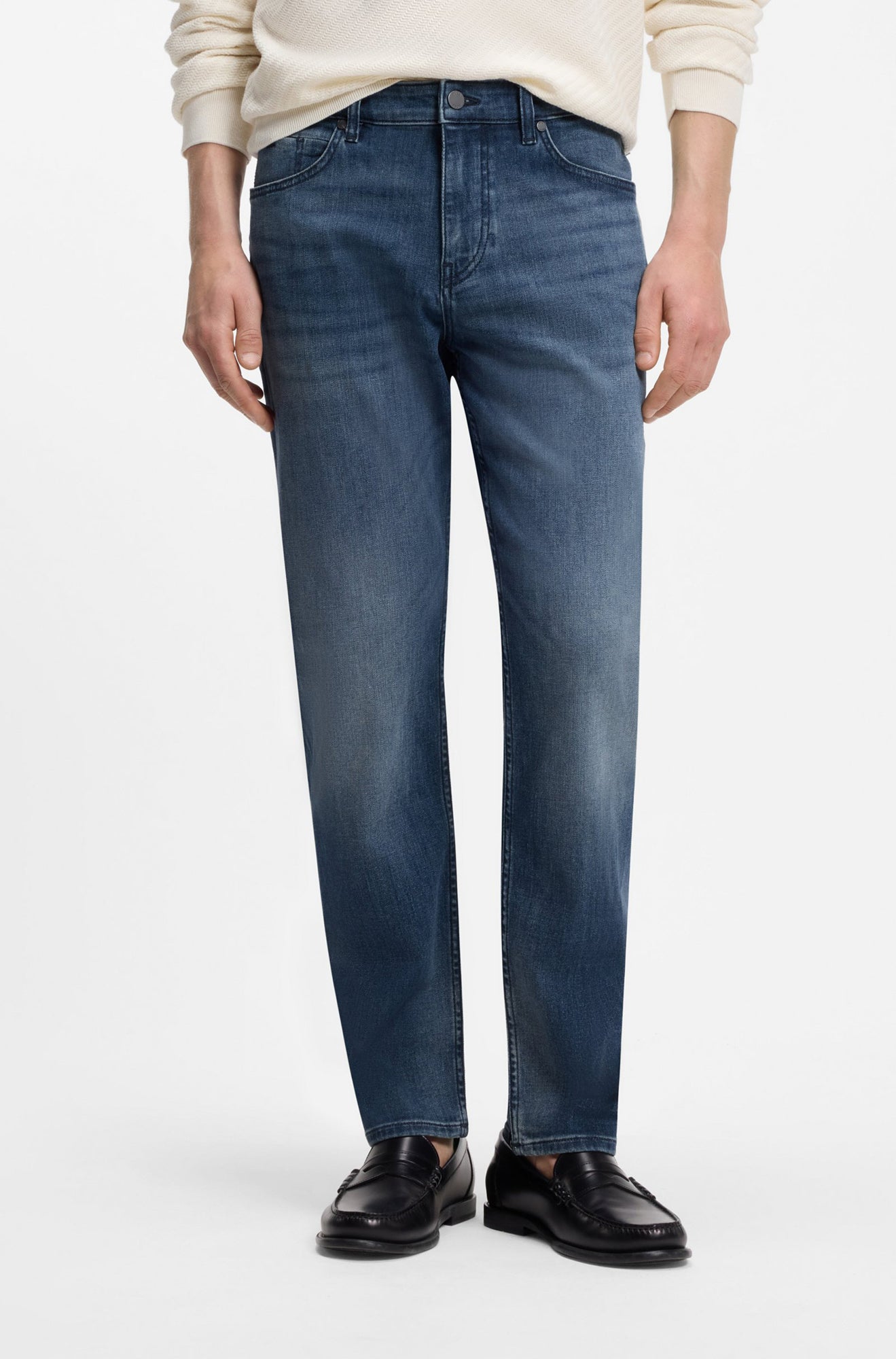 HUGO BOSS men's blue washed straight-leg jeans with, five-pocket styling and button fly, front view
