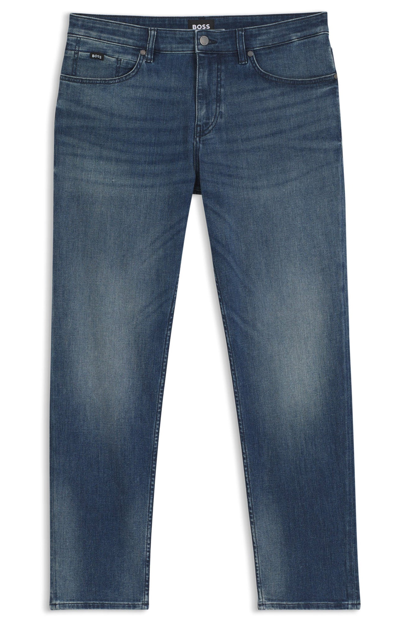 Men's flat front view of blue washed straight-leg jeans with belt loops, coin pocket by HUGO BOSS