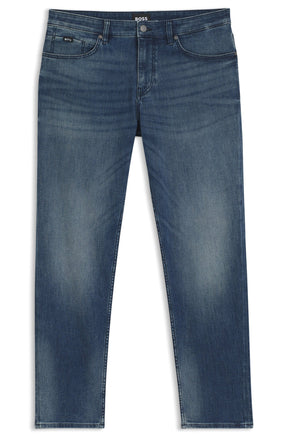Men's flat front view of blue washed straight-leg jeans with belt loops, coin pocket by HUGO BOSS